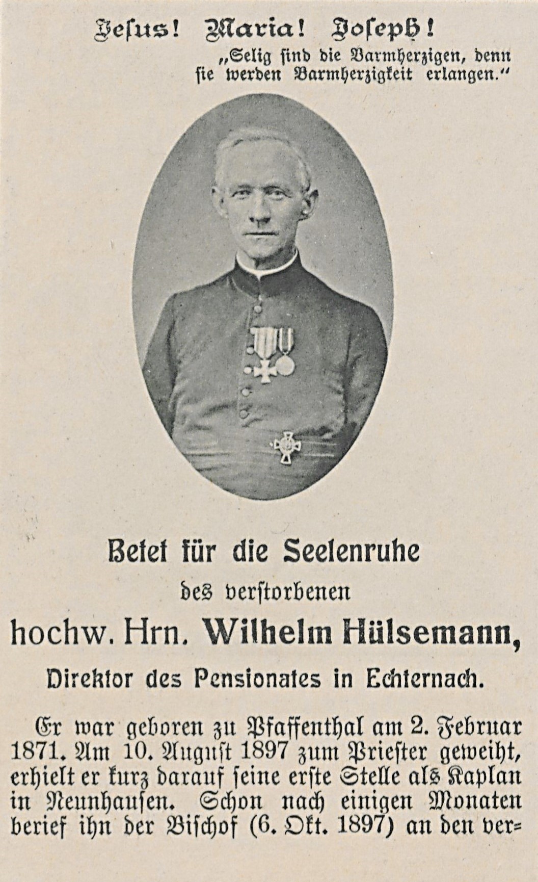 
					
						Totenzettel Wilhelm Hülsemann
					
					
					© Diözesanarchiv Luxemburg, Bestand GV.Memorabilia, GV.Memo 120
					